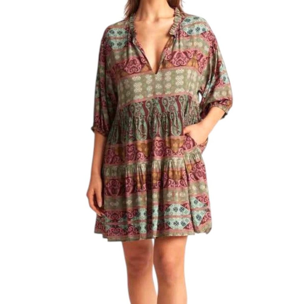 Monte & Lou Boho Tiered Mini Dress XS Dharma Paisley Print New Without Tags
